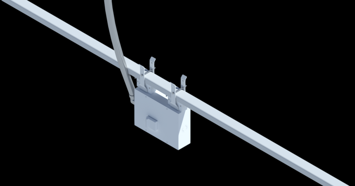 Axonometric view of single-deck Track Busway with feed unit and flex conduit for overhead power input
