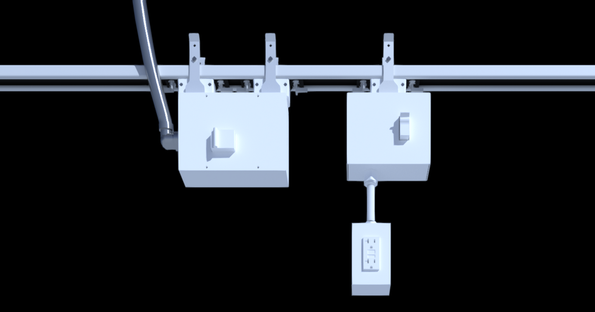 Single-deck Track Busway with duplex PowerDrop cord for 120V overhead receptacle power