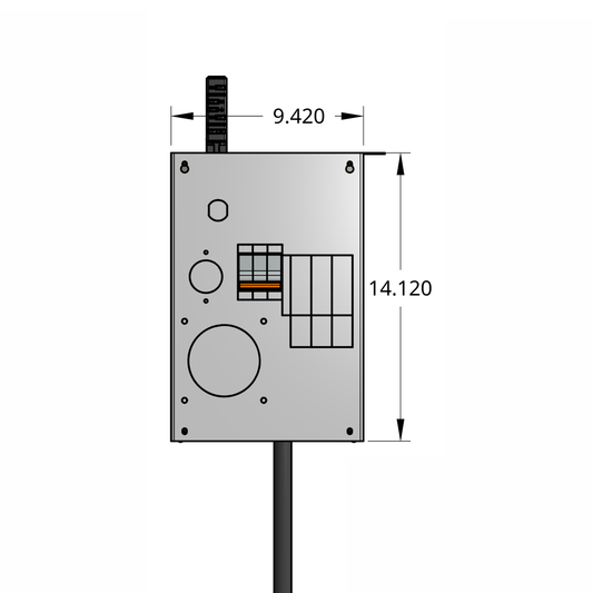 Front profile of compact tap box enclosure with 3-pole breaker, drop cord, and track busway fitting