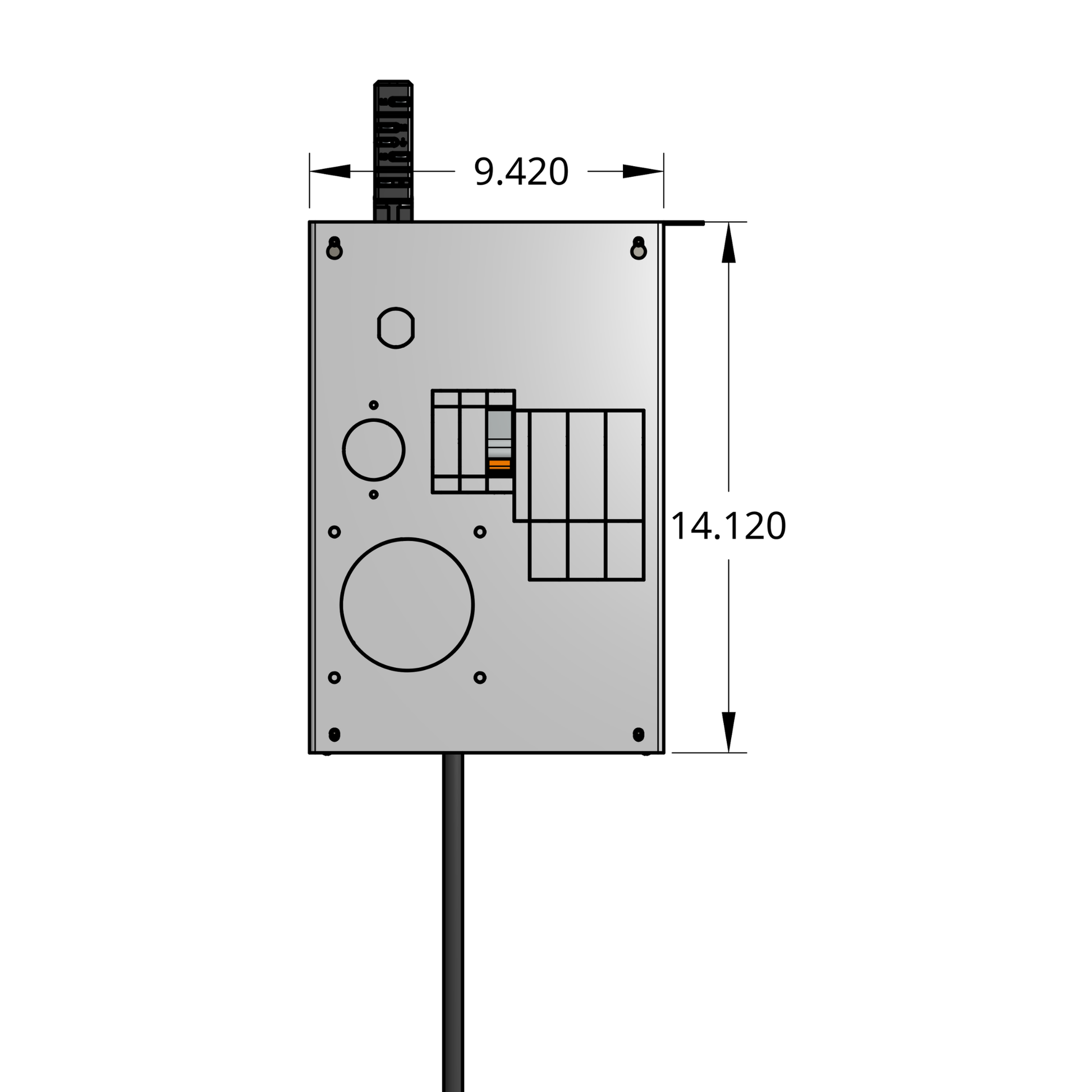 Front profile of compact tap box enclosure with 1-pole breaker, drop cord, and track busway fitting