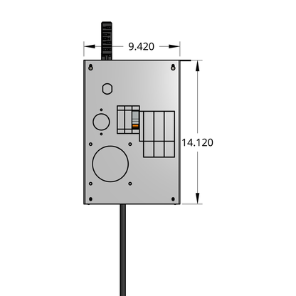 Front profile of compact tap box enclosure with 1-pole breaker, drop cord, and track busway fitting