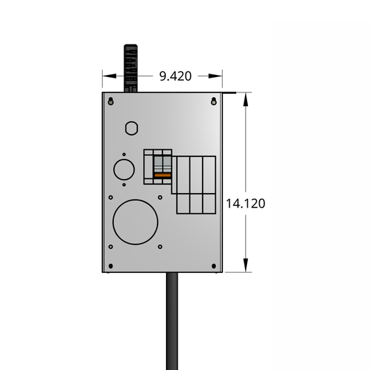 Front profile of compact tap box enclosure with 2-pole breaker, drop cord, and track busway fitting