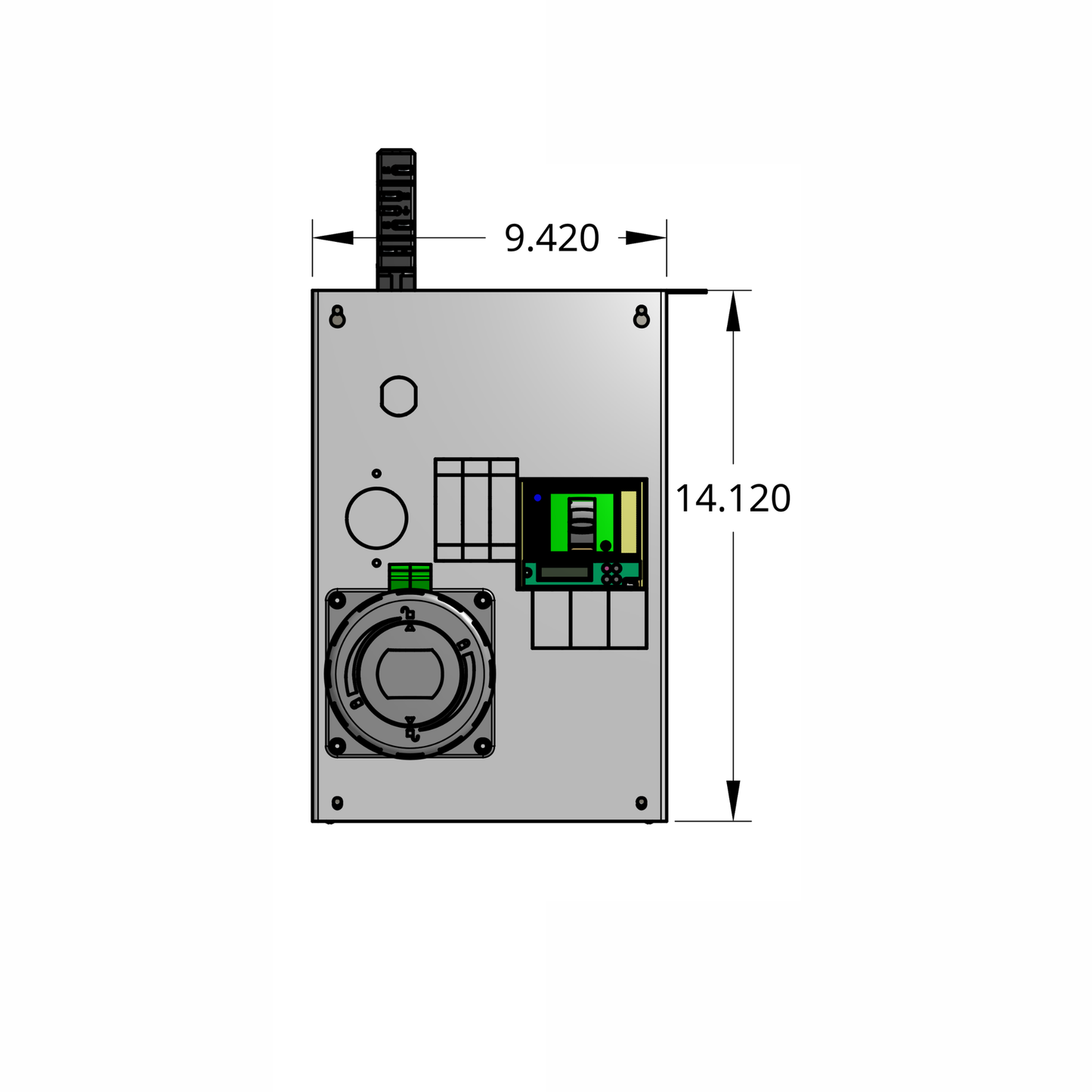 Front profile of compact tap box enclosure with mcb overcurrent protection, pin and sleeve receptacle, and track busway fitting