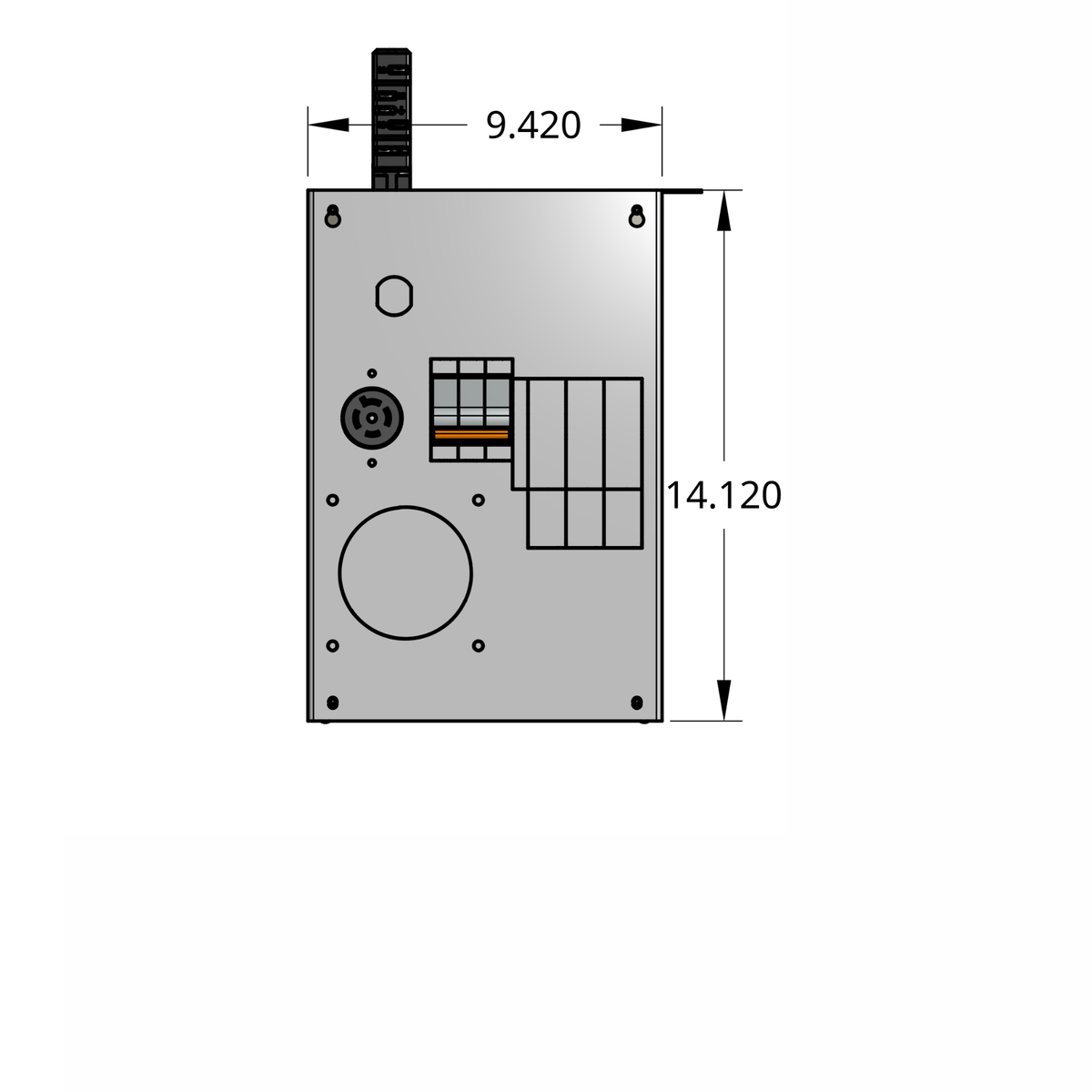 Front profile of compact tap box enclosure with 3-pole breaker, receptacle, and track busway fitting