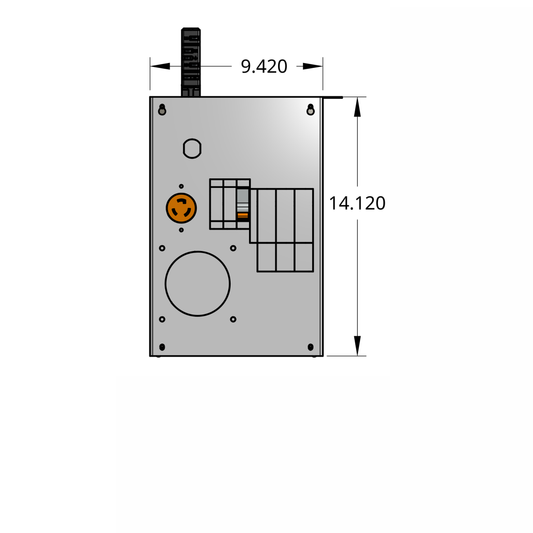 Front profile of compact tap box enclosure with 1-pole breaker, receptacle, and track busway fitting
