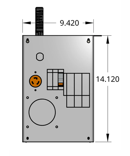 Front profile of compact tap box enclosure with 1-pole breaker, receptacle, and track busway fitting