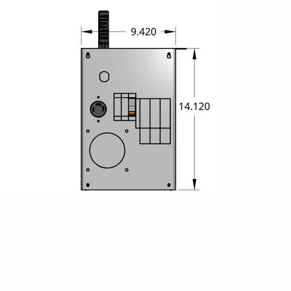 Front profile of compact tap box enclosure with 1-pole breaker, receptacle, and track busway fitting