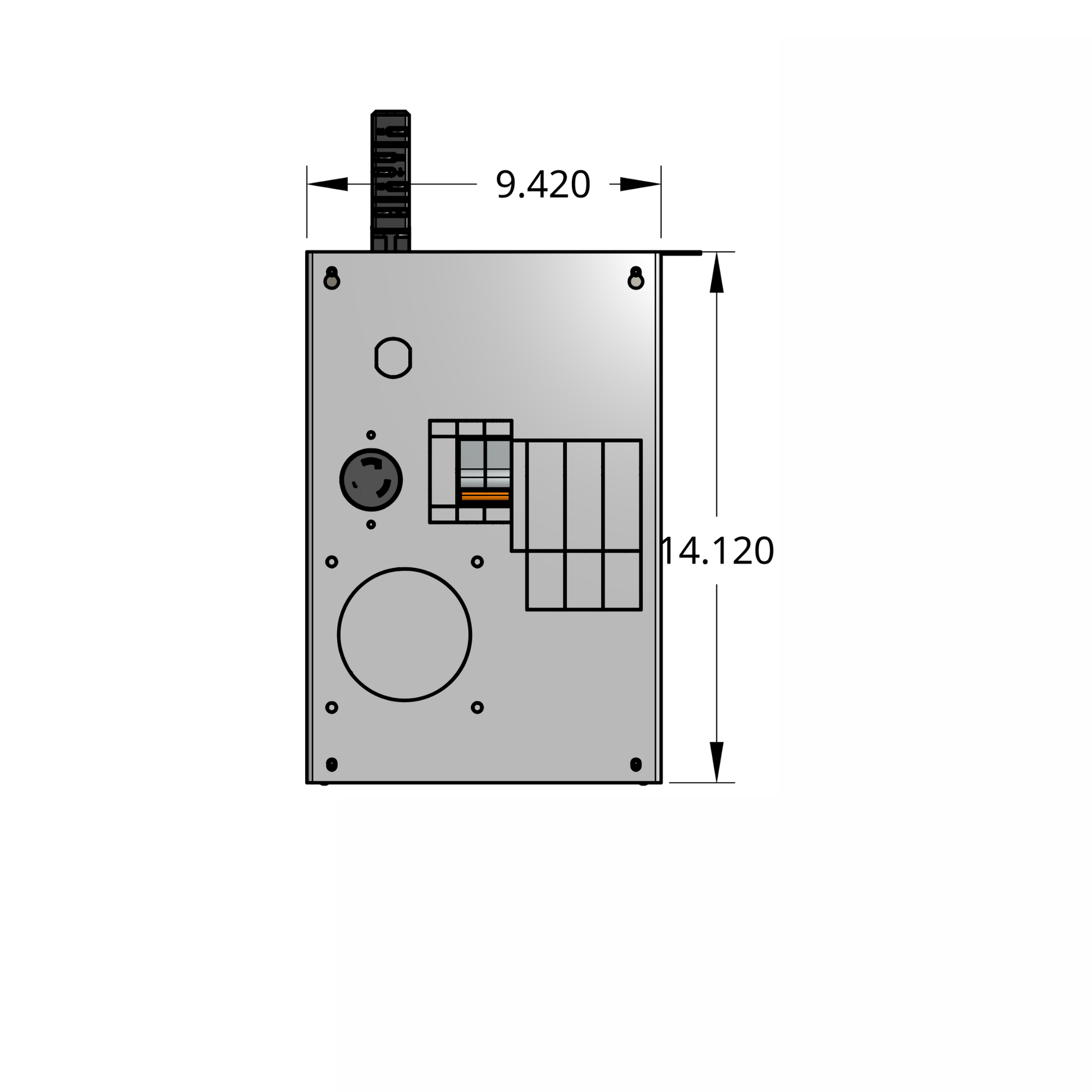 Front profile of compact tap box enclosure with 2-pole breaker, receptacle, and track busway fitting