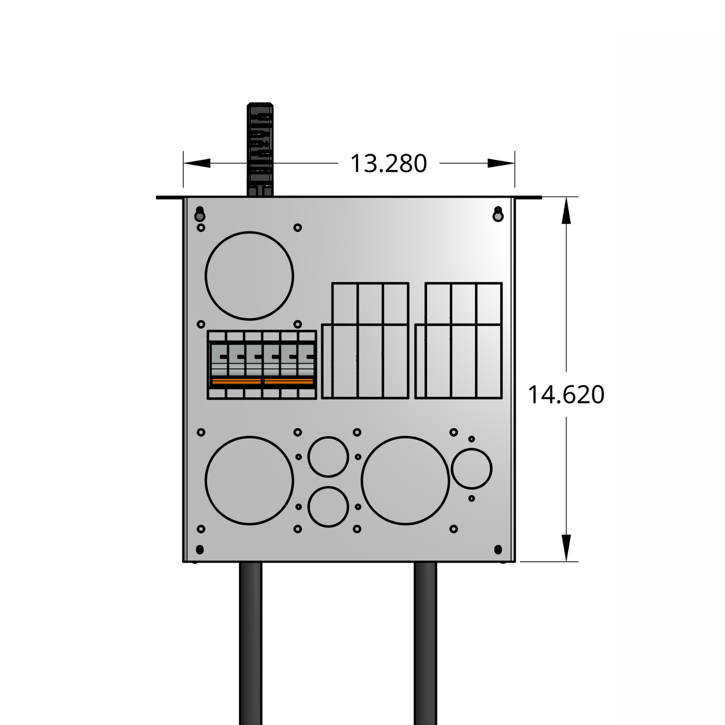 Front profile of standard tap box enclosure with two 3-pole breakers, drop cords, and track busway fitting