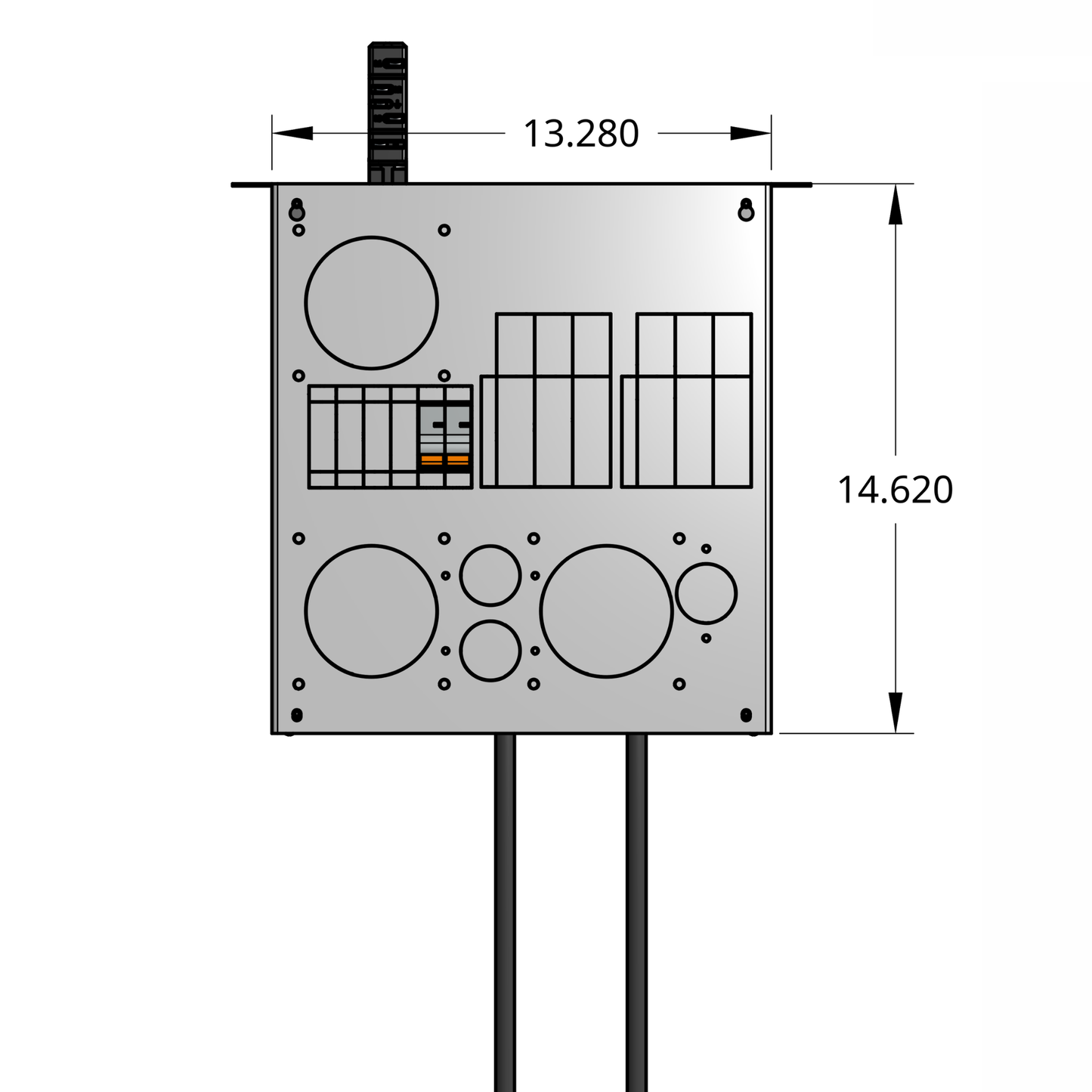 Front profile of standard tap box enclosure with two 1-pole breaker, drop cords, and track busway fitting