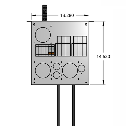 Front profile of standard tap box enclosure with two 1-pole breaker, drop cords, and track busway fitting