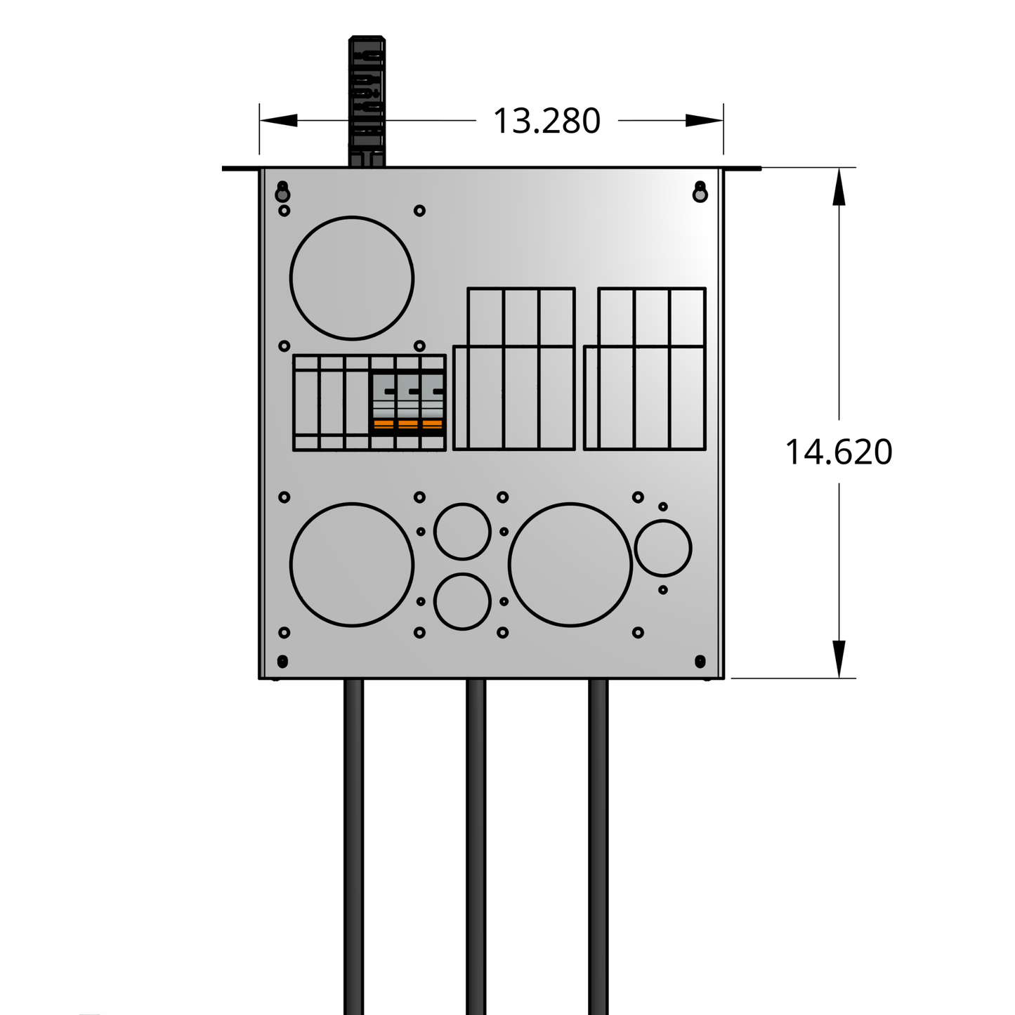 Front profile of standard tap box enclosure with three 1-pole breaker, drop cords, and track busway fitting