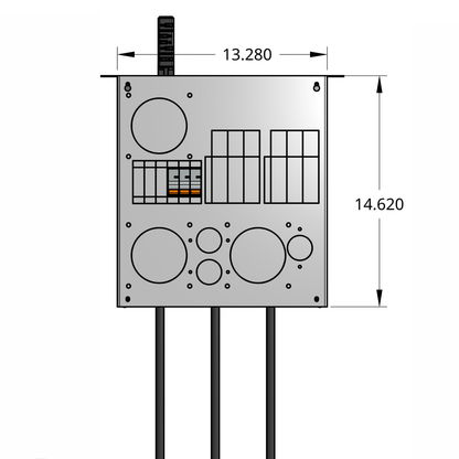 Front profile of standard tap box enclosure with three 1-pole breaker, drop cords, and track busway fitting