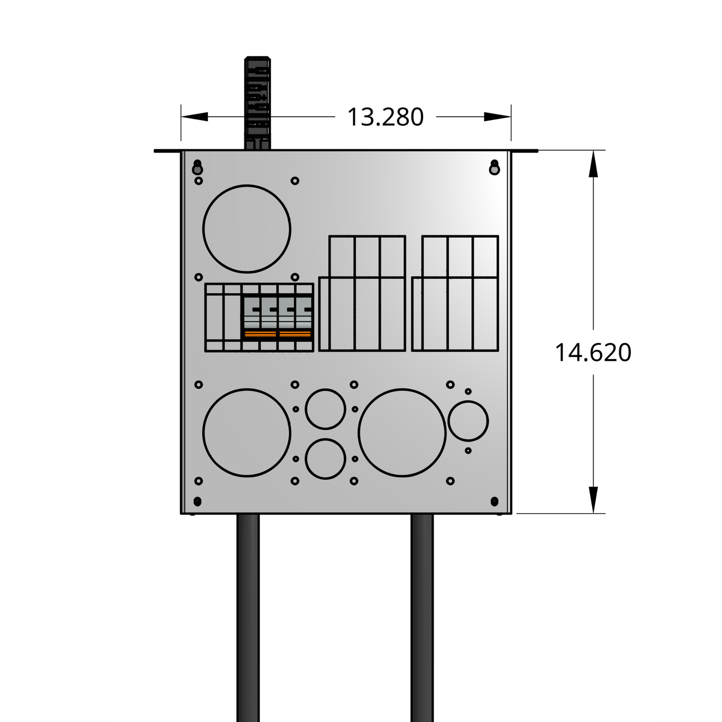Front profile of standard tap box enclosure with two 2-pole breaker, drop cords, and track busway fitting