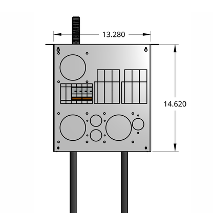 Front profile of standard tap box enclosure with two 2-pole breaker, drop cords, and track busway fitting