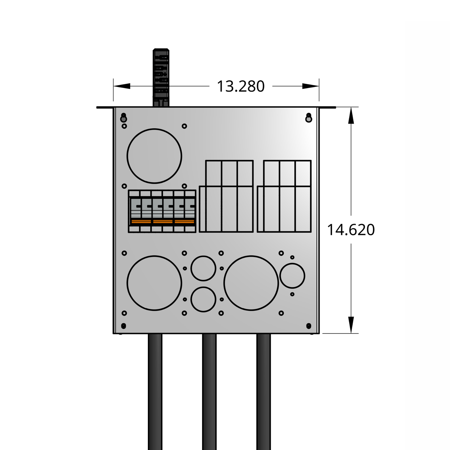 Front profile of compact tap box enclosure with three 2-pole breakers, drop cords, and track busway fitting