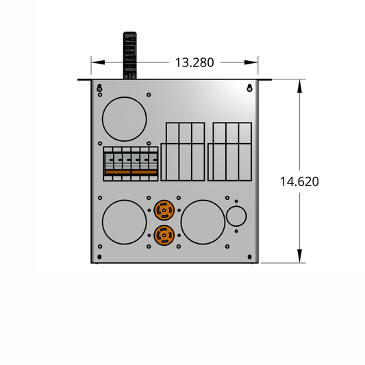 Front profile of standard tap box enclosure with two 3-pole breakers, receptacles, and track busway fitting