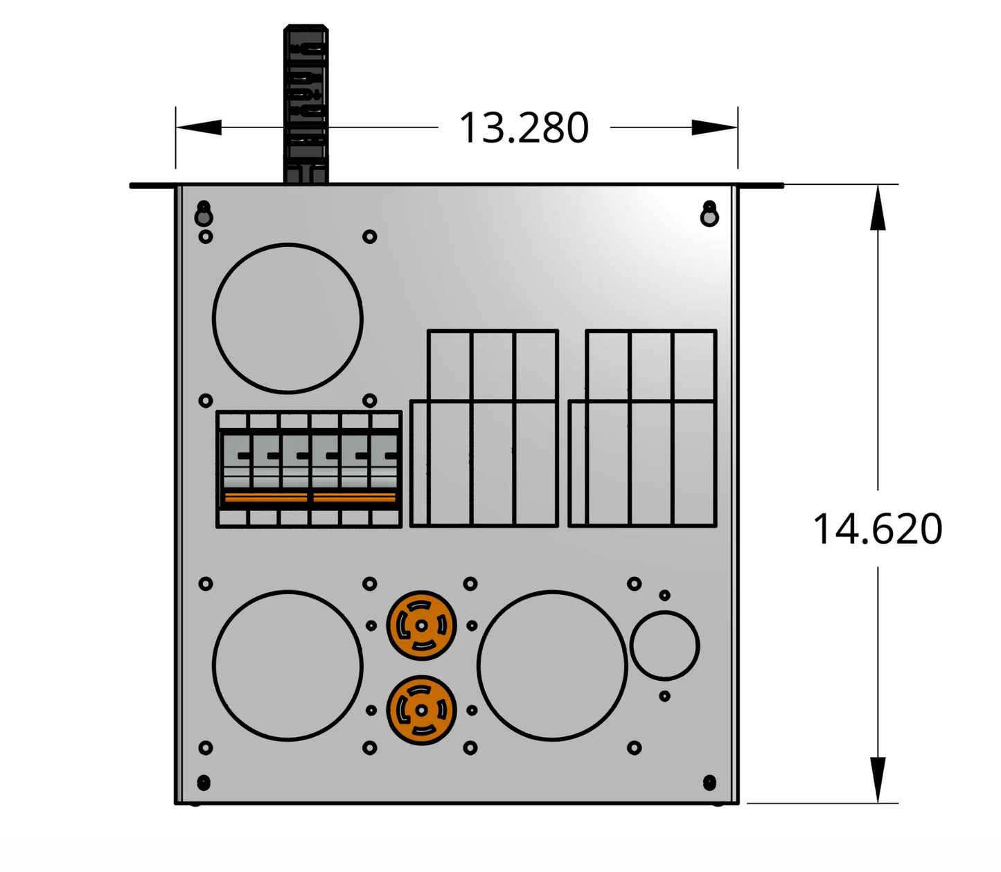 Front profile of standard tap box enclosure with two 3-pole breakers, receptacles, and track busway fitting