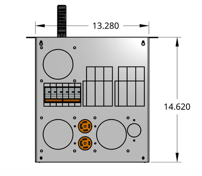 Front profile of standard tap box enclosure with two 3-pole breakers, receptacles, and track busway fitting