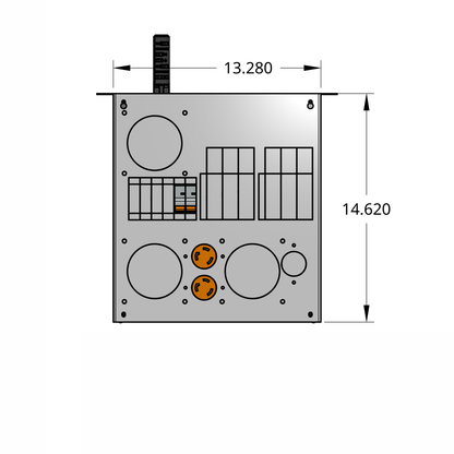 Frontprofile of standard tap box enclosure with two 1-pole breakers, receptacles, and track busway fitting