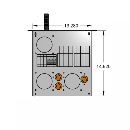 Front profile of standard tap box enclosure with three 1-pole breakers, receptacles, and track busway fitting