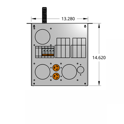 Front profile of standard tap box enclosure with two 2-pole breakers, receptacles, and track busway fitting