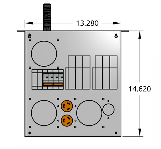 Front profile of standard tap box enclosure with two 2-pole breakers, receptacles, and track busway fitting