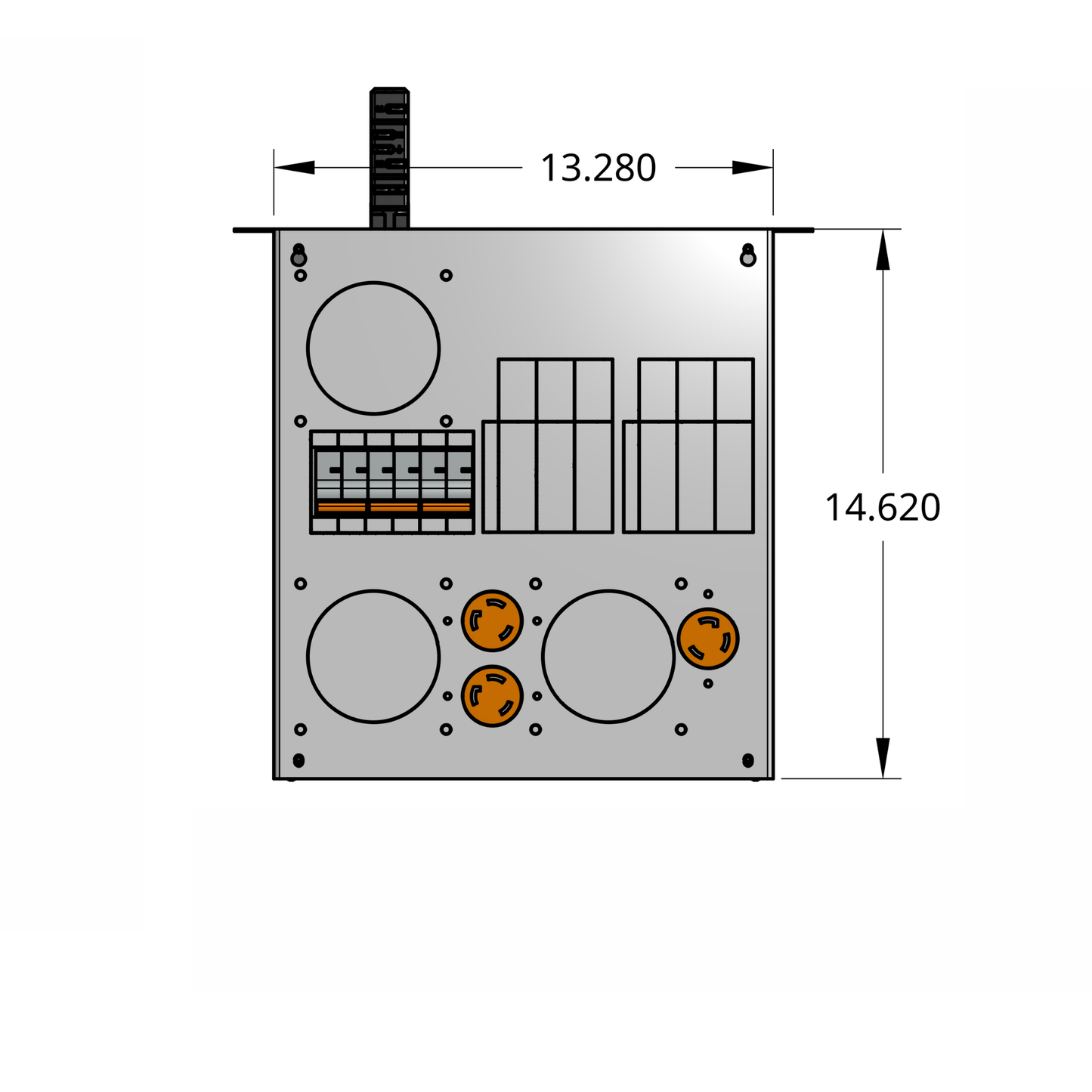 Front profile of standard tap box enclosure with three 2-pole breakers, receptacles, and track busway fitting