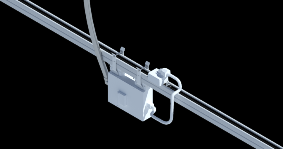 Axonometric view of three-phase feed unit with conduit and whip connections on Track Busway system