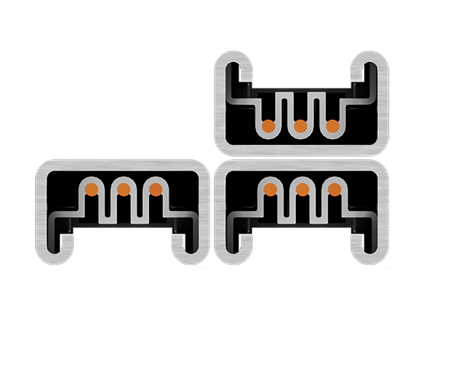 Illustration of slimline Track Busway cross‑sections showing three profiles with copper conductor bars arranged to form a crossover configuration.