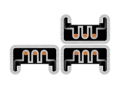 Illustration of slimline Track Busway cross‑sections showing three profiles with copper conductor bars arranged to form a crossover configuration.