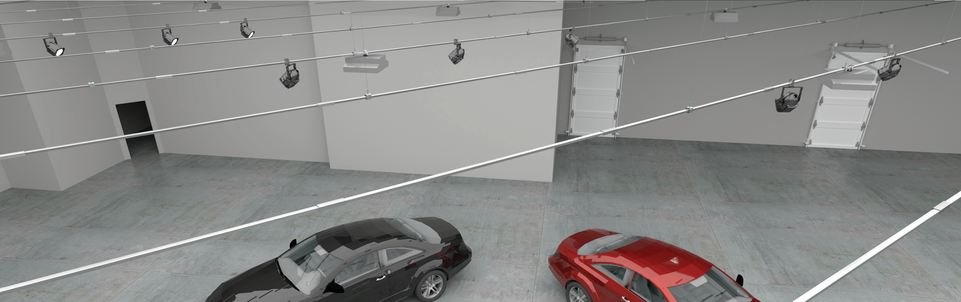 Automotive showroom with overhead Track Busway power distribution supporting flexible vehicle displays and reconfigurable floor layouts
