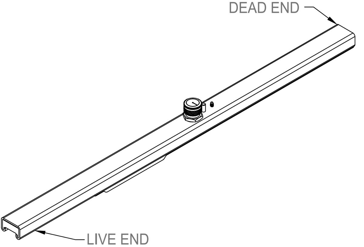 Line drawing of a track busway section labeled “live end” and “dead end” with a center‑mounted feed