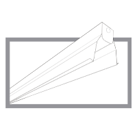 Line drawing of a channel light with flared side wings and a central bracket for mounting to the busway