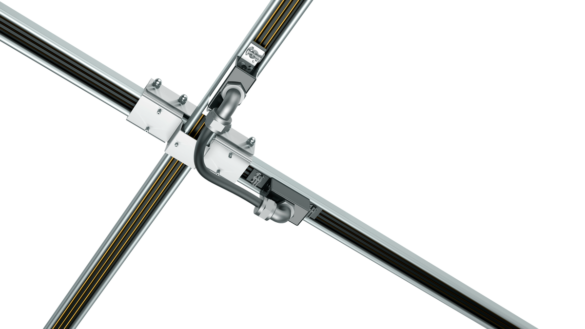 Illustration of a track busway intersection showing rails crossing at right angles with a cross connector
