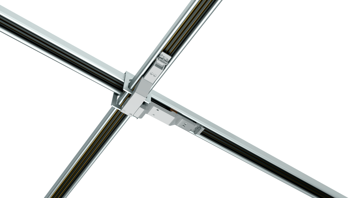 Line drawing of a slim‑line jumper or cross adapter with a rectangular cover and an open extrusion at one end