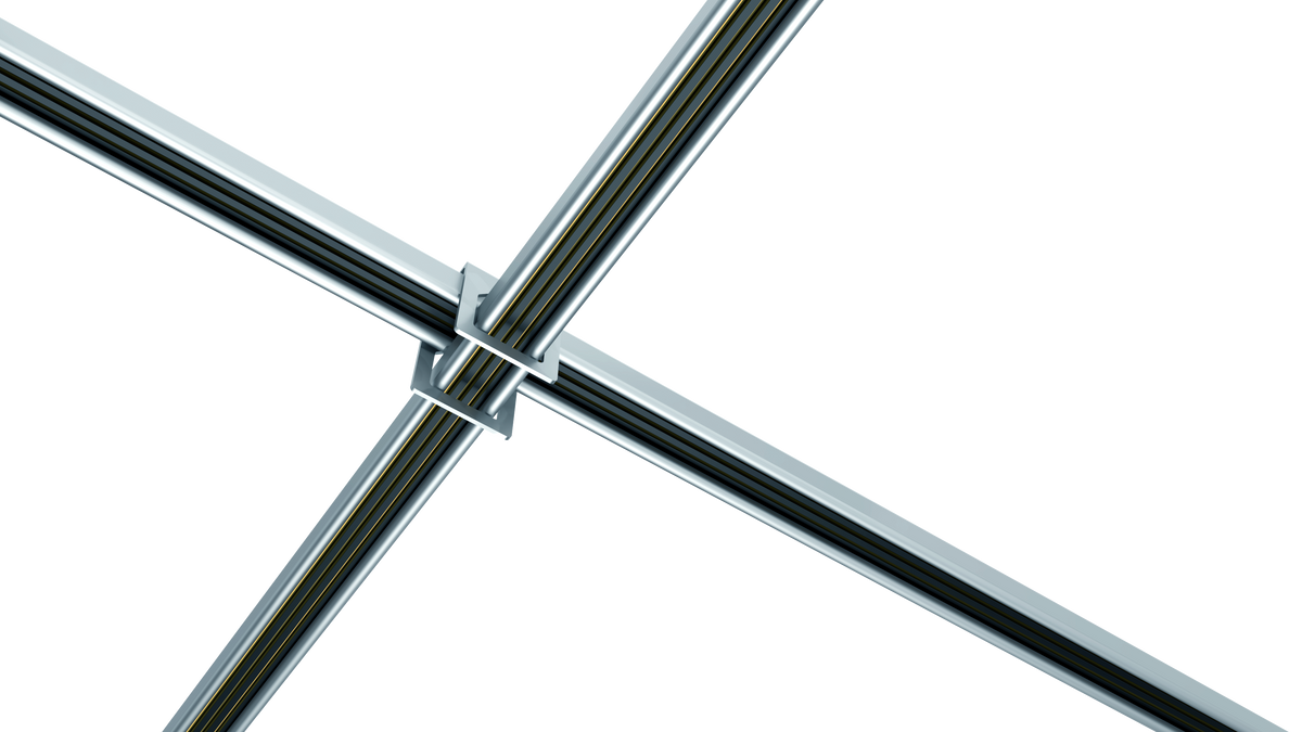Illustration of slimline Track Busway rails crossing in an X configuration with a central connector joining four rails.