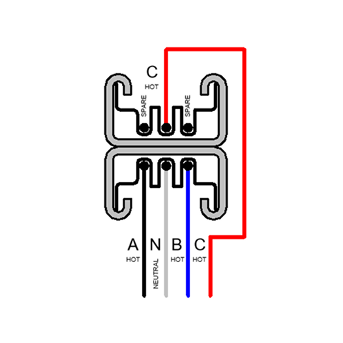 Three-phase fitting engagement with phases A, B and C and a separate neutral conductor