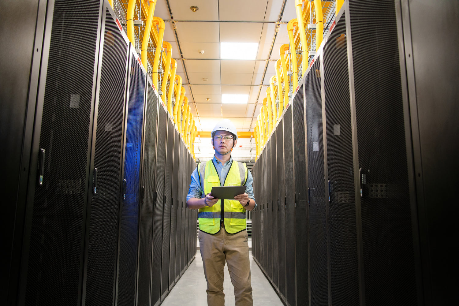 Inspector reviewing overhead Track Busway in a data center power distribution layout