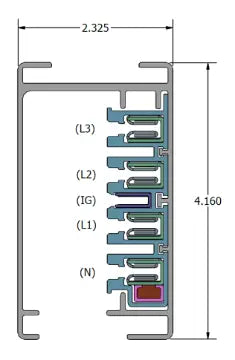 Cross-section of a 225 amp track busway showing insulated copper conductors inside the aluminum housing