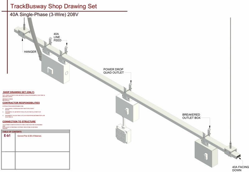 Track Busway layout drawing showing suspended busway run with power drops, outlet boxes, and feed configuration for overhead power distribution.