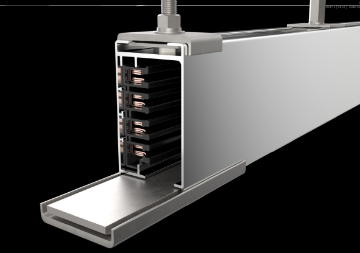 Cutaway view of the USA TrackBusway 225A showing insulated copper busbars inside the aluminum housing