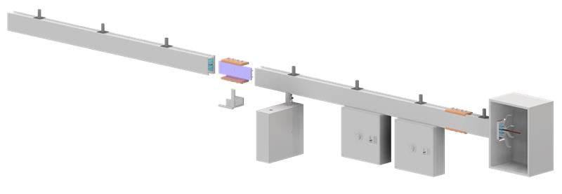 Cross-section of a 225 amp track busway showing insulated copper conductors inside the aluminum housing