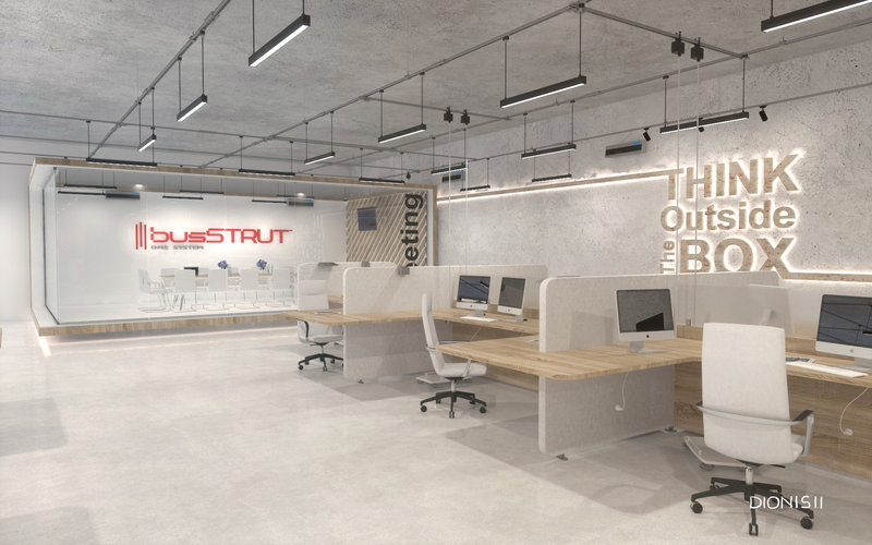 office environment with track busway in-directly supporting lighting and drop down power cords