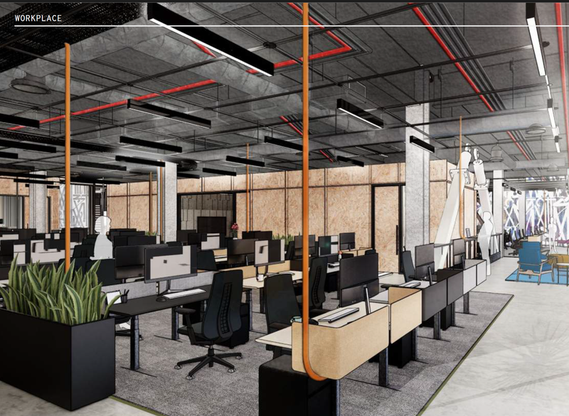 Modern office workspace with overhead plug-in power distribution supporting flexible workstation layouts