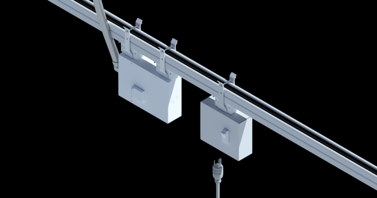 3D rendering of a busway module with a mounting bracket and two clamp arms, featuring connectors on top and a square housing below