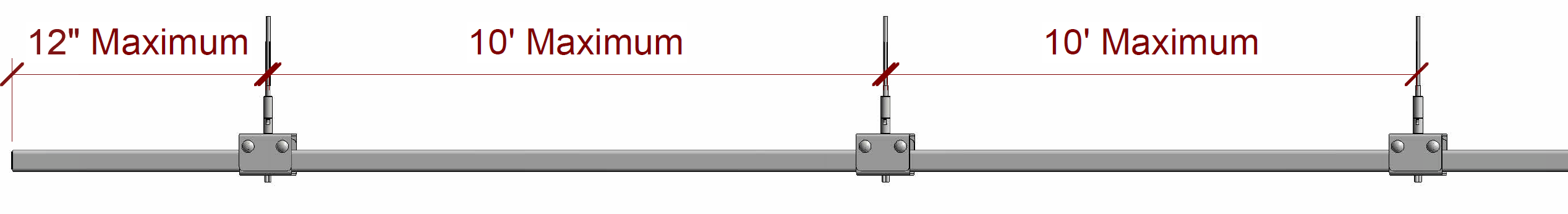 Track Busway support spacing diagram showing hangers within 12 inches of each end and no more than 10 feet apart.