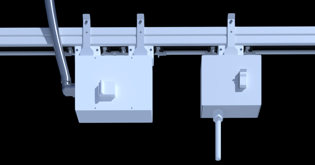 Track Busway run with feed unit and 2-pole plug-in power drop for overhead 208V or 240V line-to-line power distribution