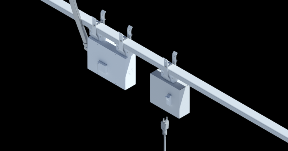 3D rendering of two rectangular power‑drop boxes mounted beneath a Track Busway run; one has a flexible cord drop and the other a rigid vertical conduit.
