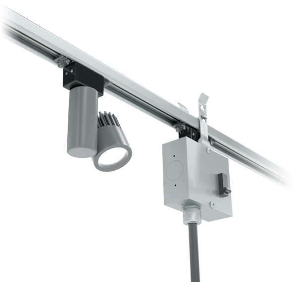 Close‑up of a Track Busway run with a cylindrical spotlight and a plug‑in drop power box hanging from it via a vertical cord.
